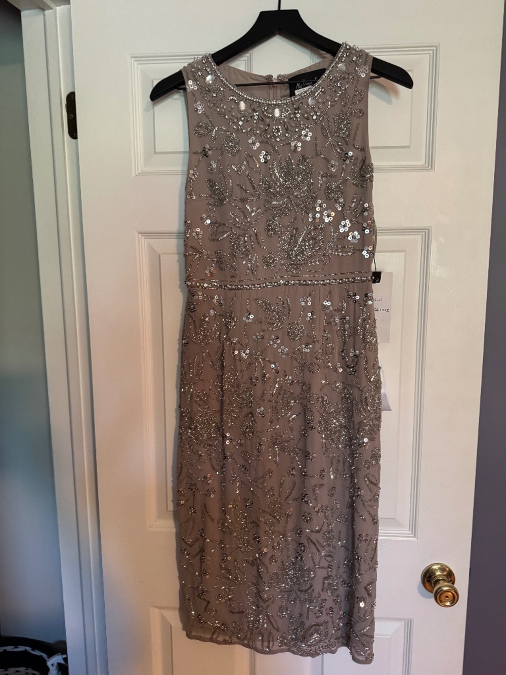 Mac Duggal Sequin Floral Midi Dress in Blush Taupe